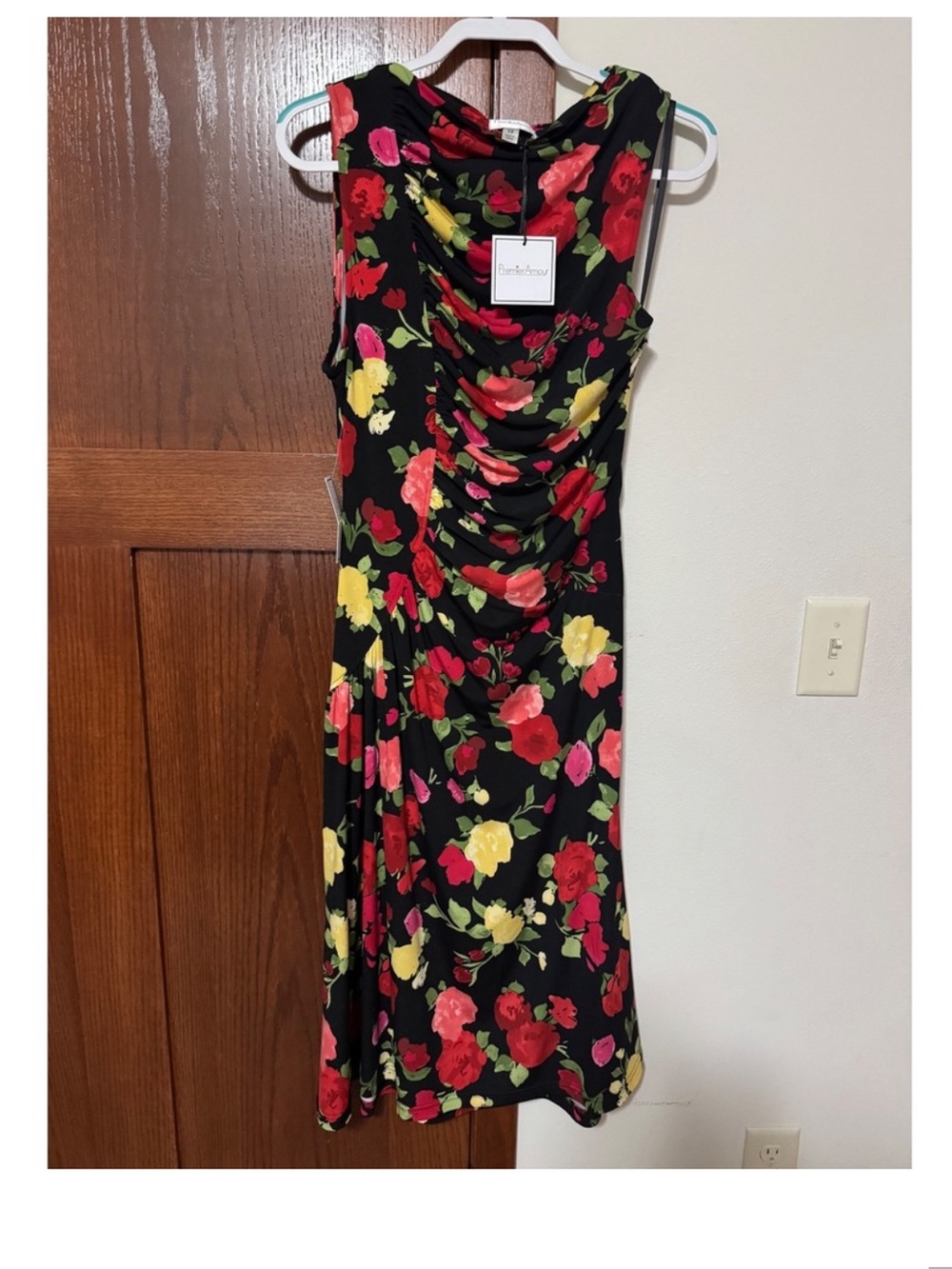 Premier Black Floral Midi Dress with Red and Yellow Blooms